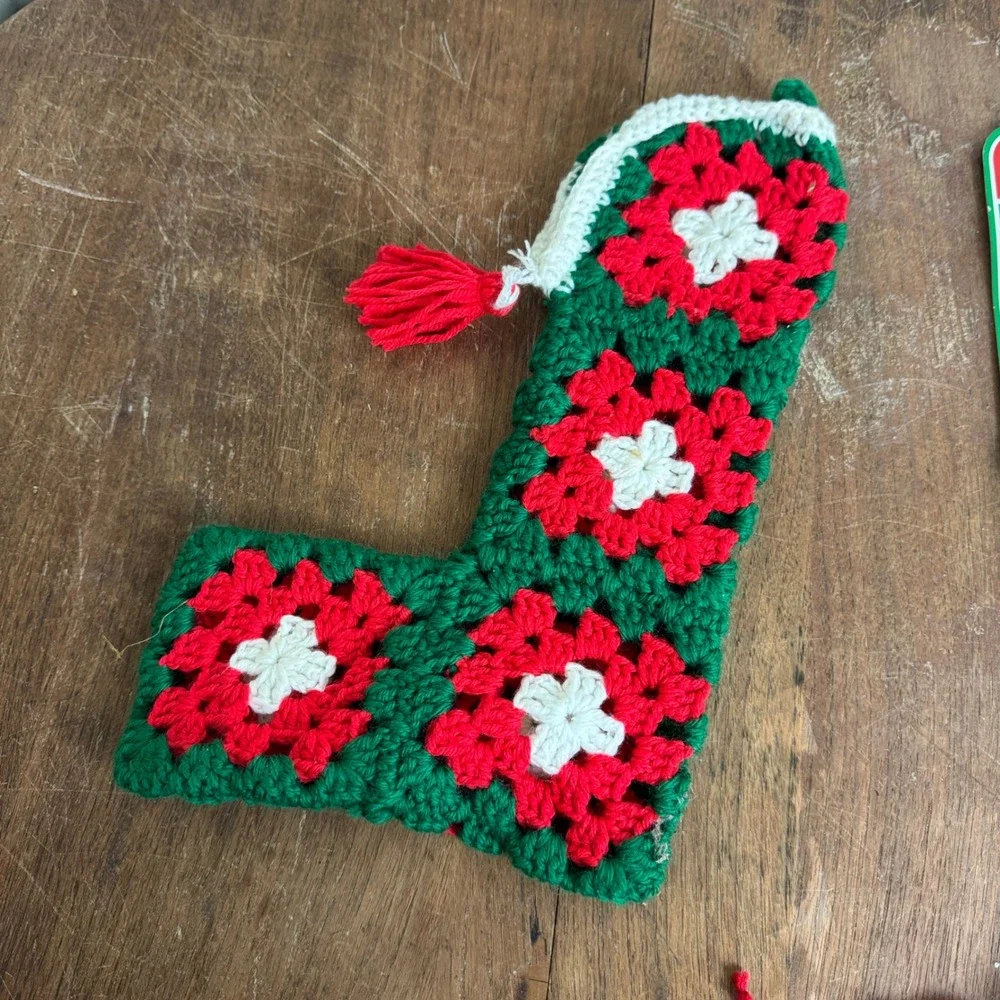 VINTAGE Christmas Granny Square Stocking Poinsettia Candle Various‎ Ornament LOT